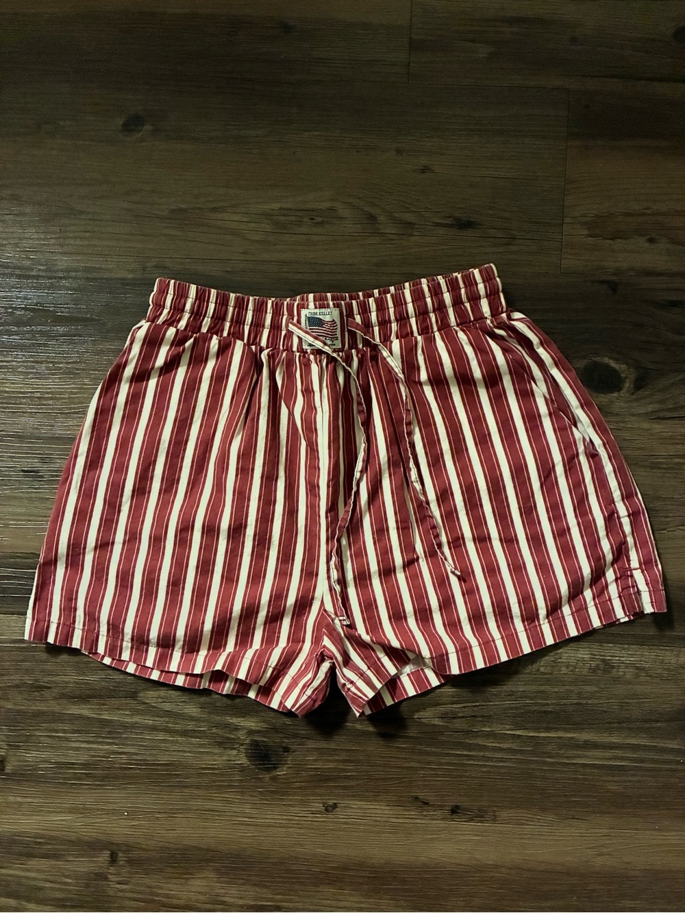 Women's Red and Cream Striped Athletic Pull-On Shorts